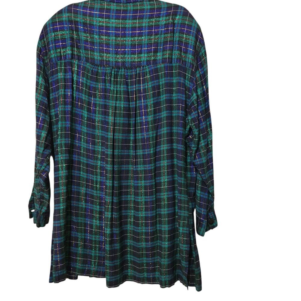 Victoria Jones Tunic Top Size 1X Green Metallic Front Buttons Plaid - Picture 7 of 15